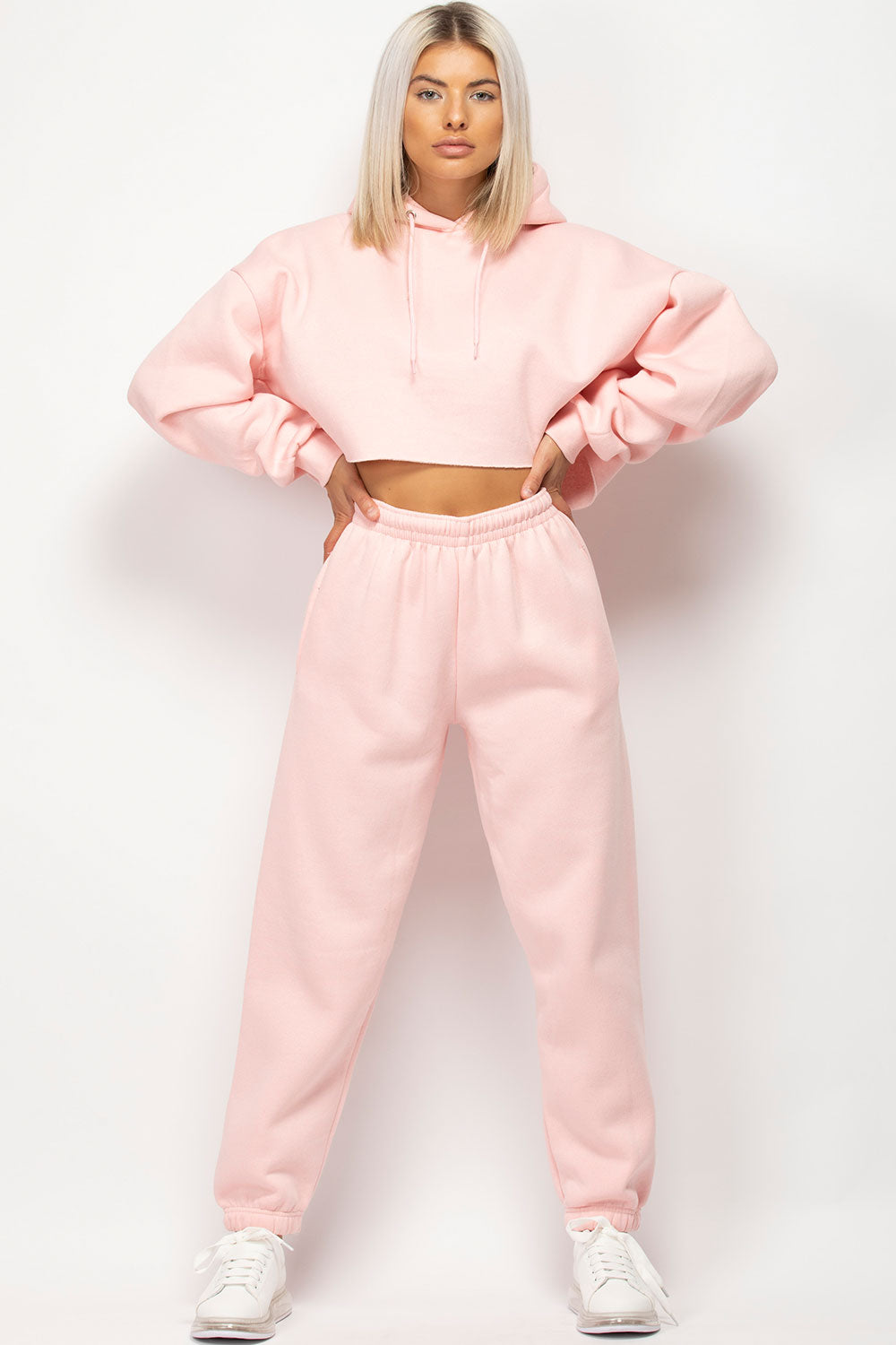 pink oversized crop hoodie joggers set womens