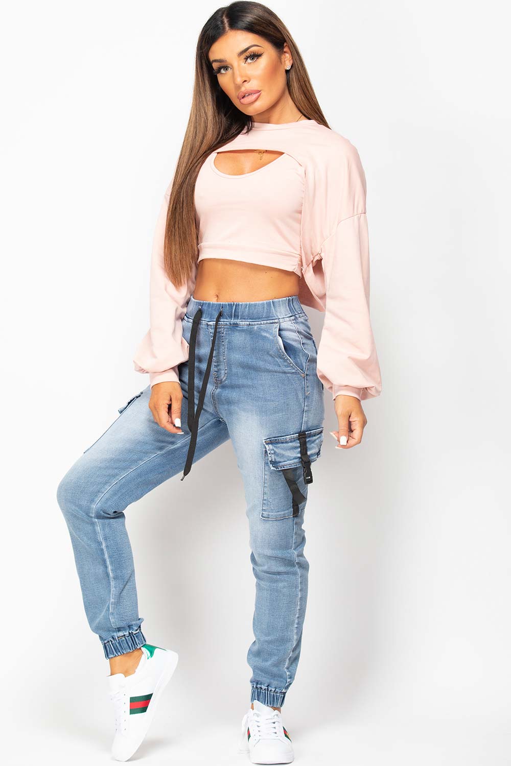 pink extreme crop sweatshirt and top set