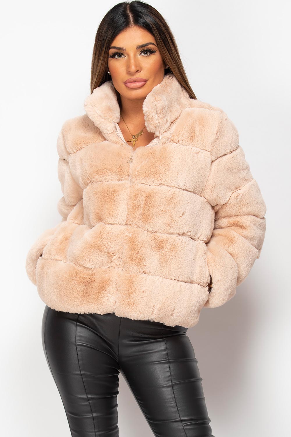 faux fur jacket nude