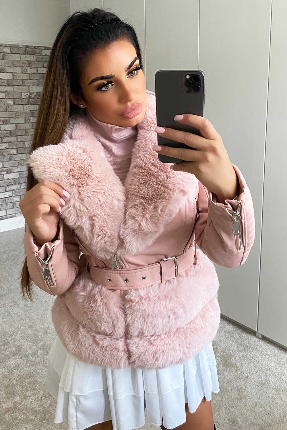 pink faux fur faux leather jacket womens