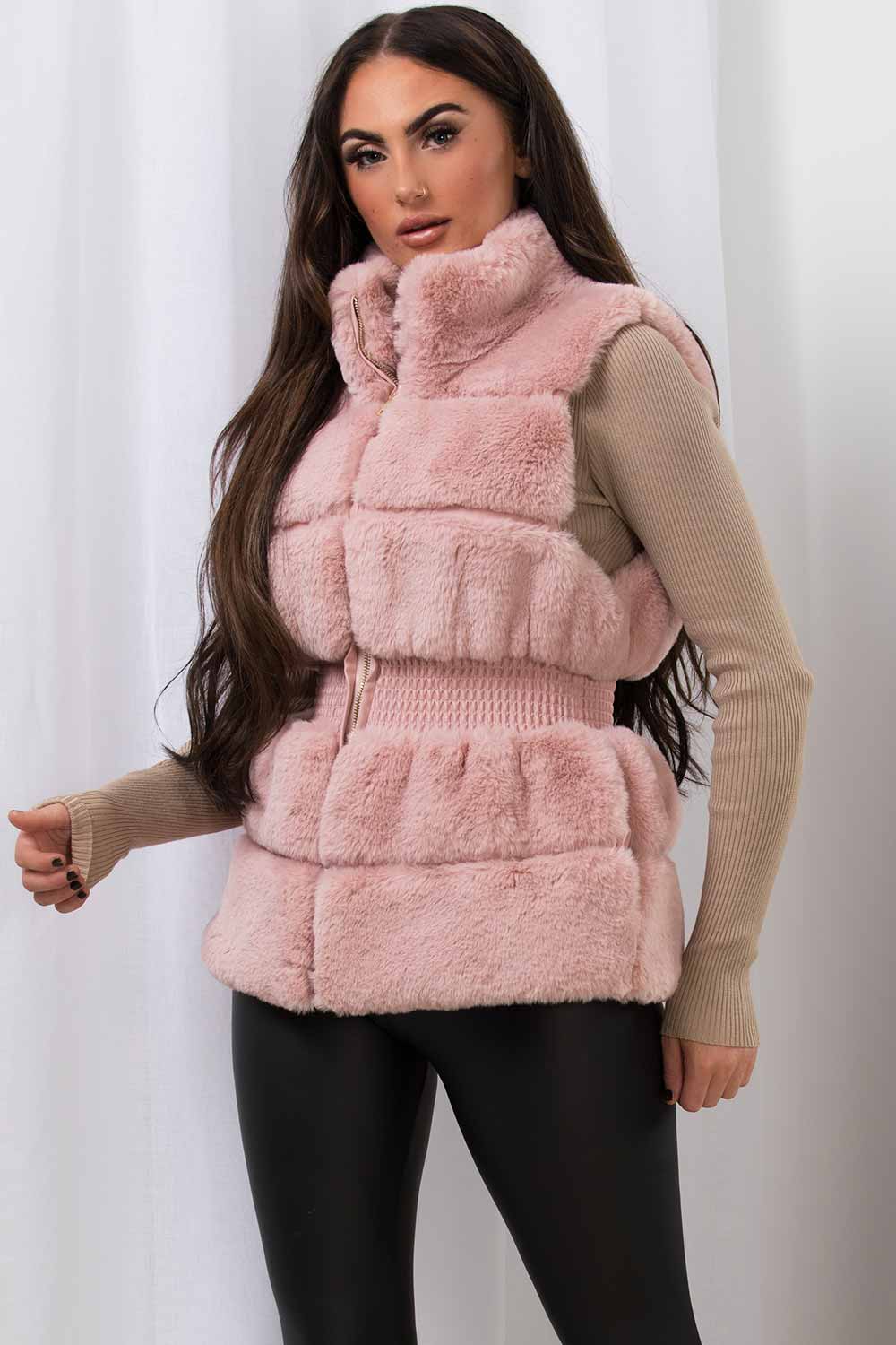 fur gilet womens pink