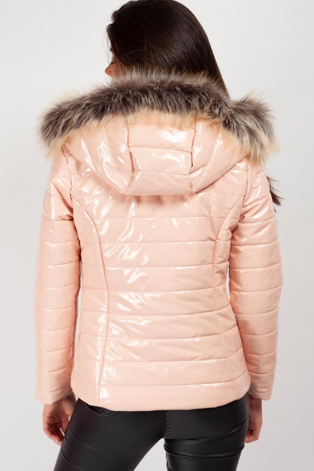 pink chunky faux fur hood padded coat