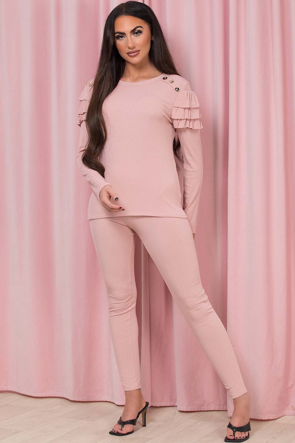 ribbed gold button frill shoulder loungewear set