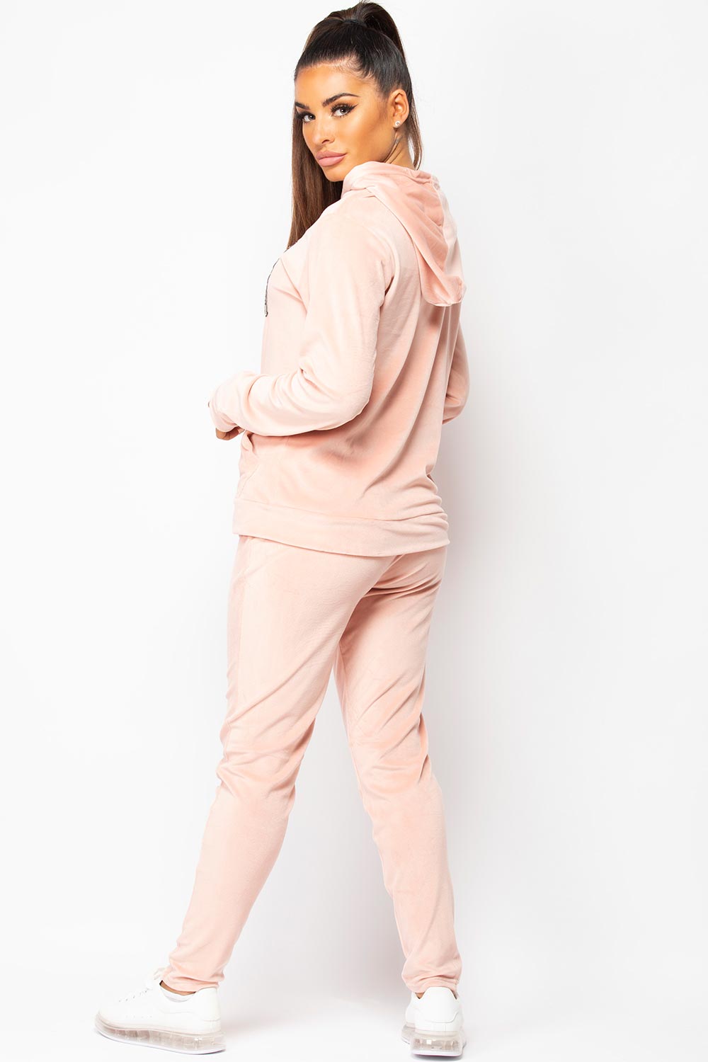 ladies pink velour set with sequin jadore slogan