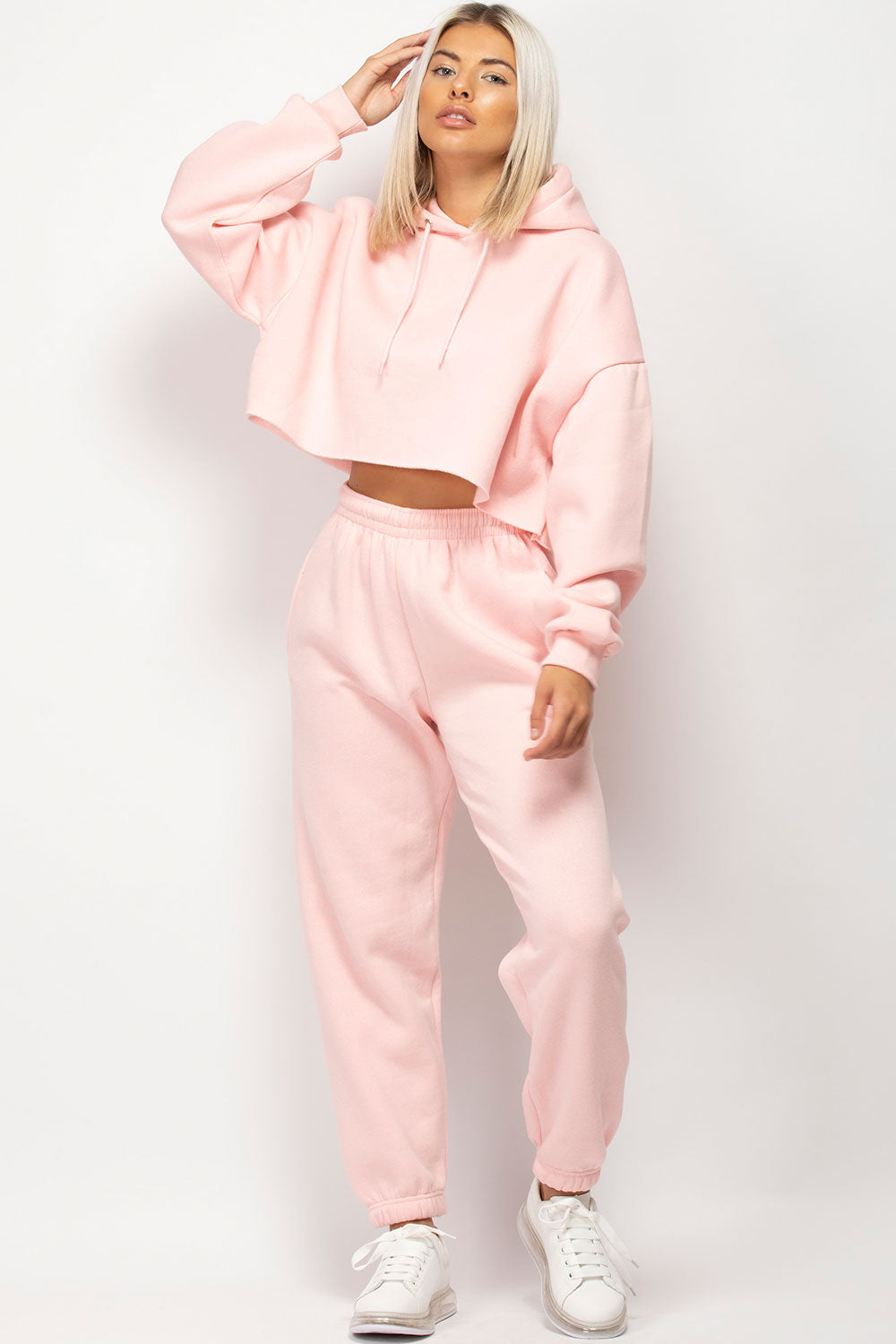pink cropped hoodie and joggers set pink