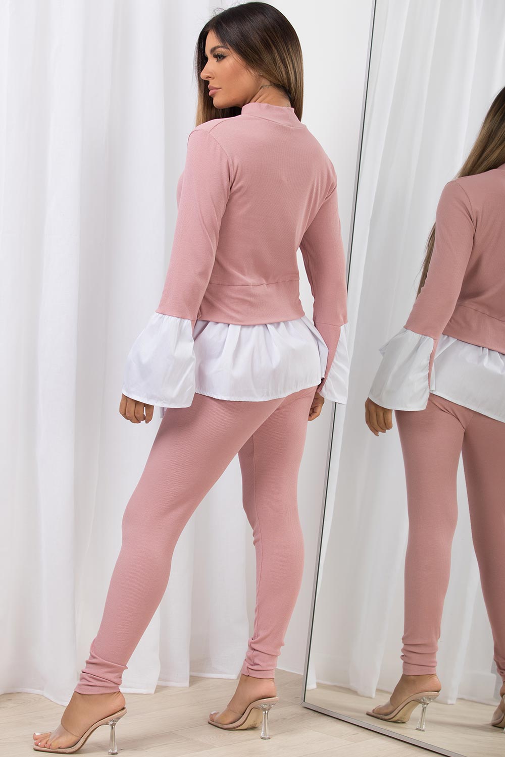 frill hem jumper shirt and ribbed leggings two piece loungewear co ord set