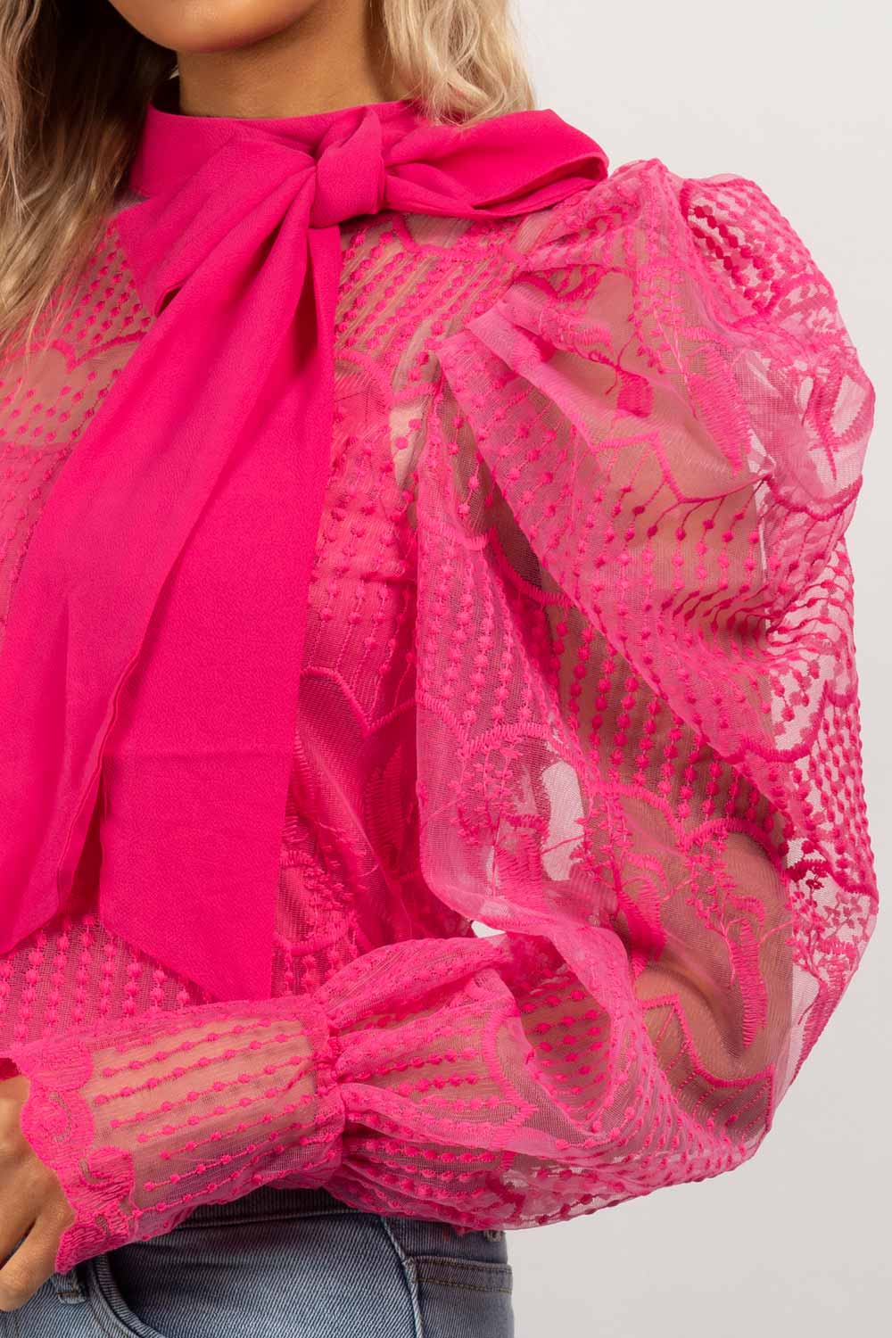 pink puff sleeve lace blouse