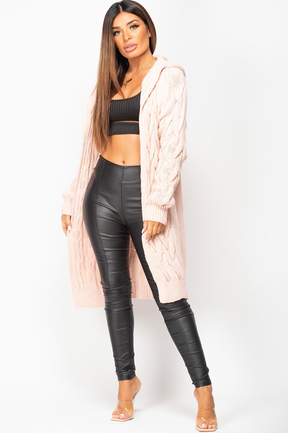 pink longline hooded cardigan