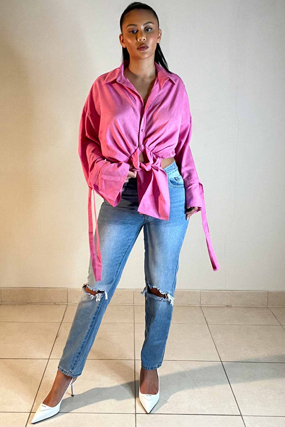 pink cheese cloth tie front long sleeve shirt womens