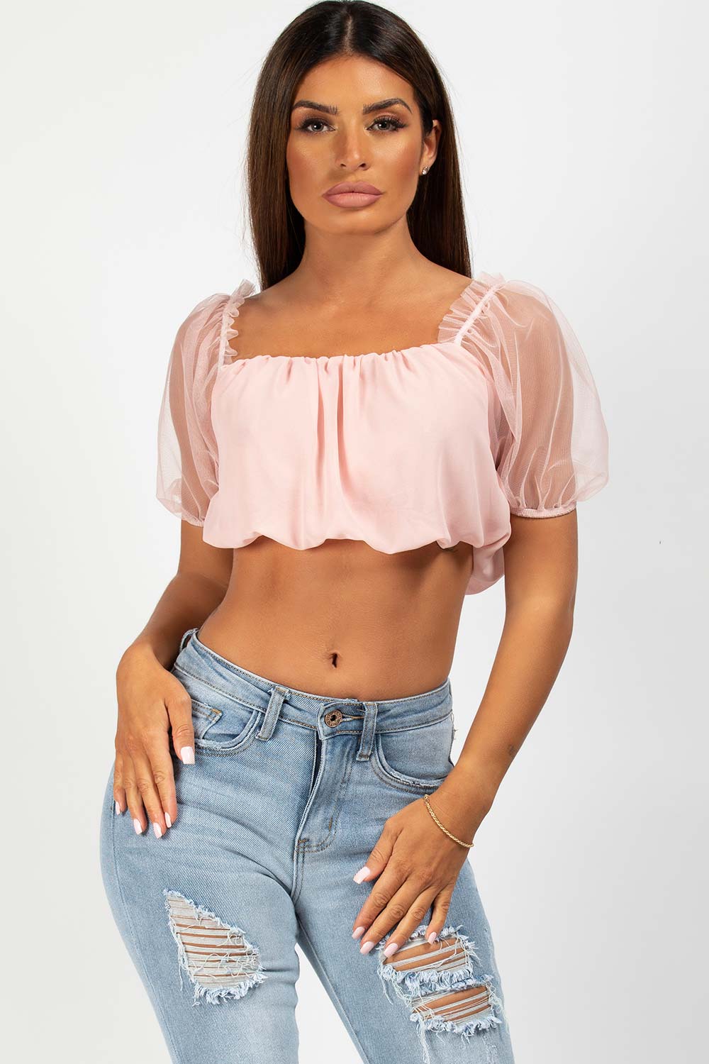 pink mesh puff sleeve crop top