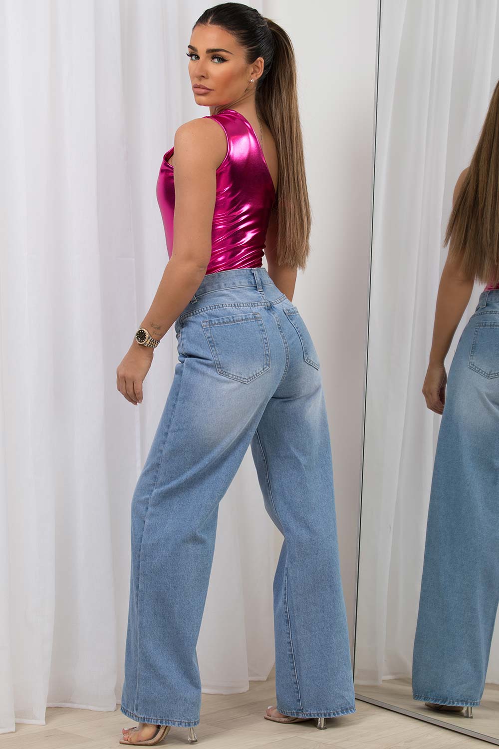 one shoulder metallic bodysuit