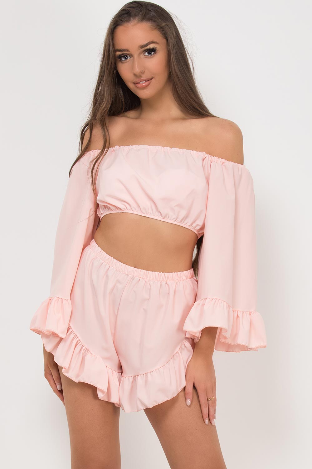 bardot bell sleeve crop top frill hem shorts two piece set