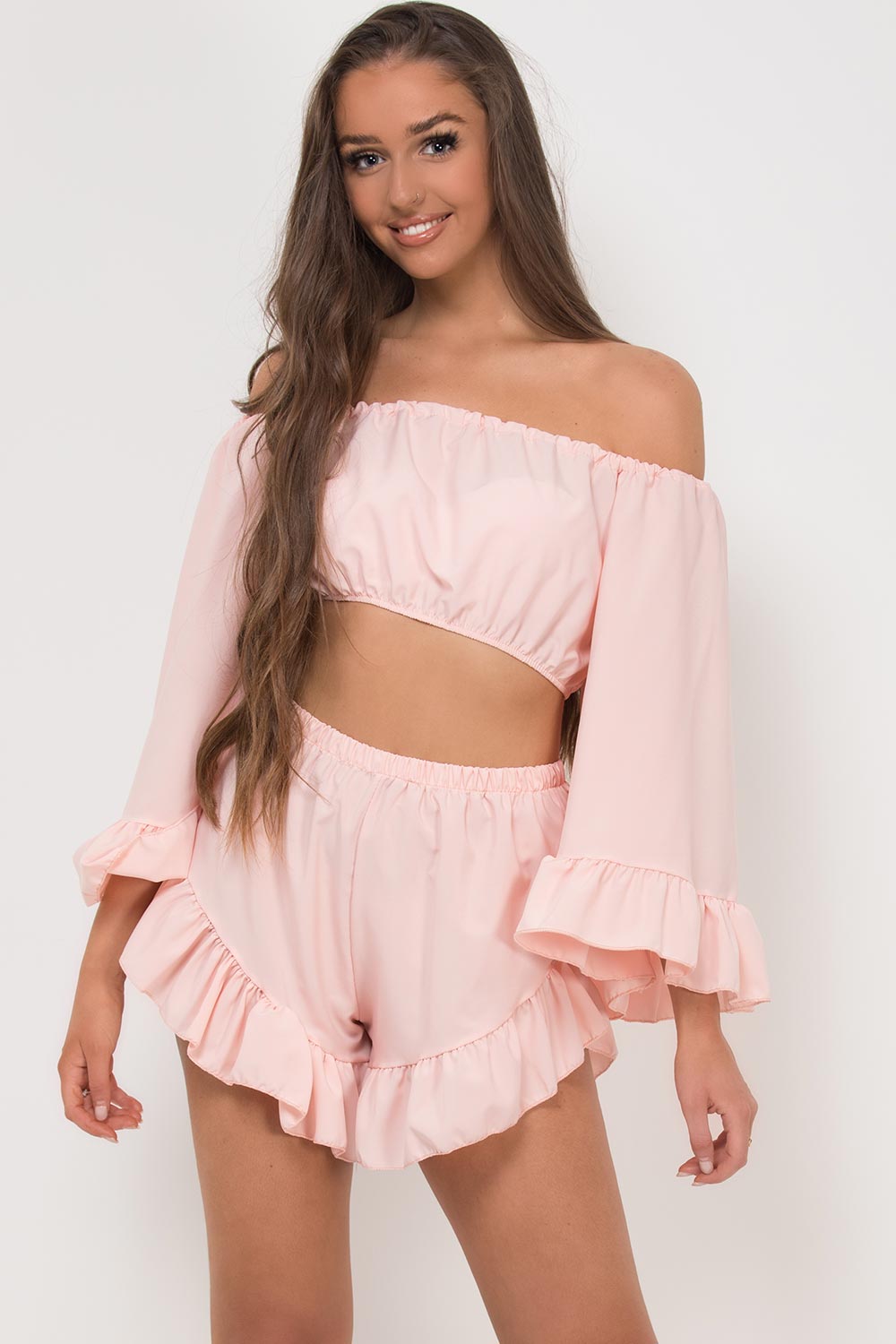 off shoulder bell sleeve crop top shorts set pink