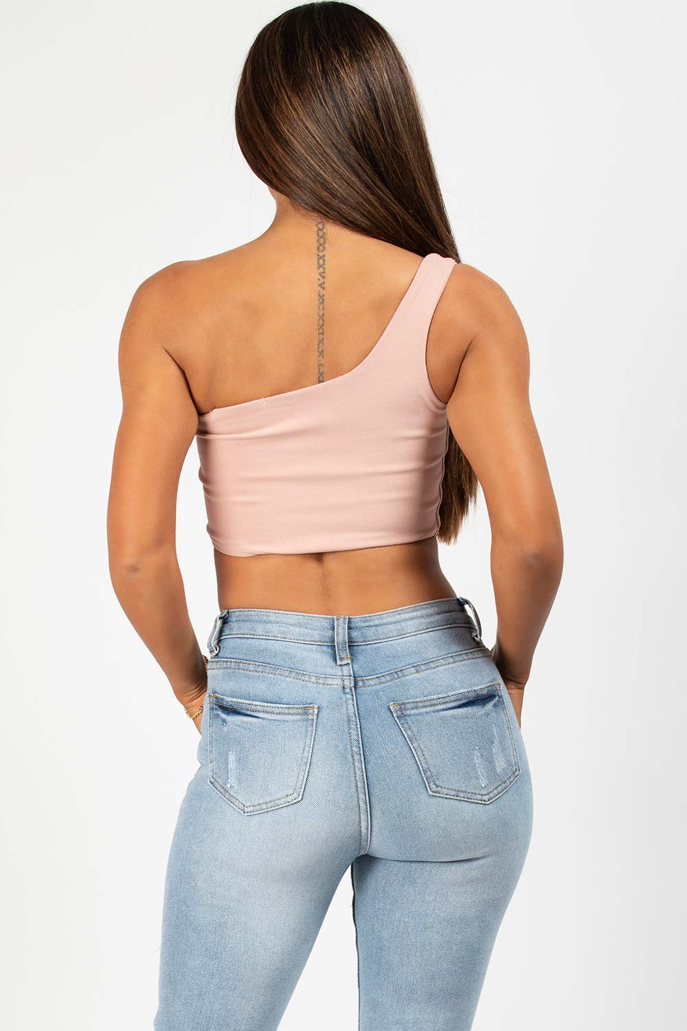 one shoulder crop top pink