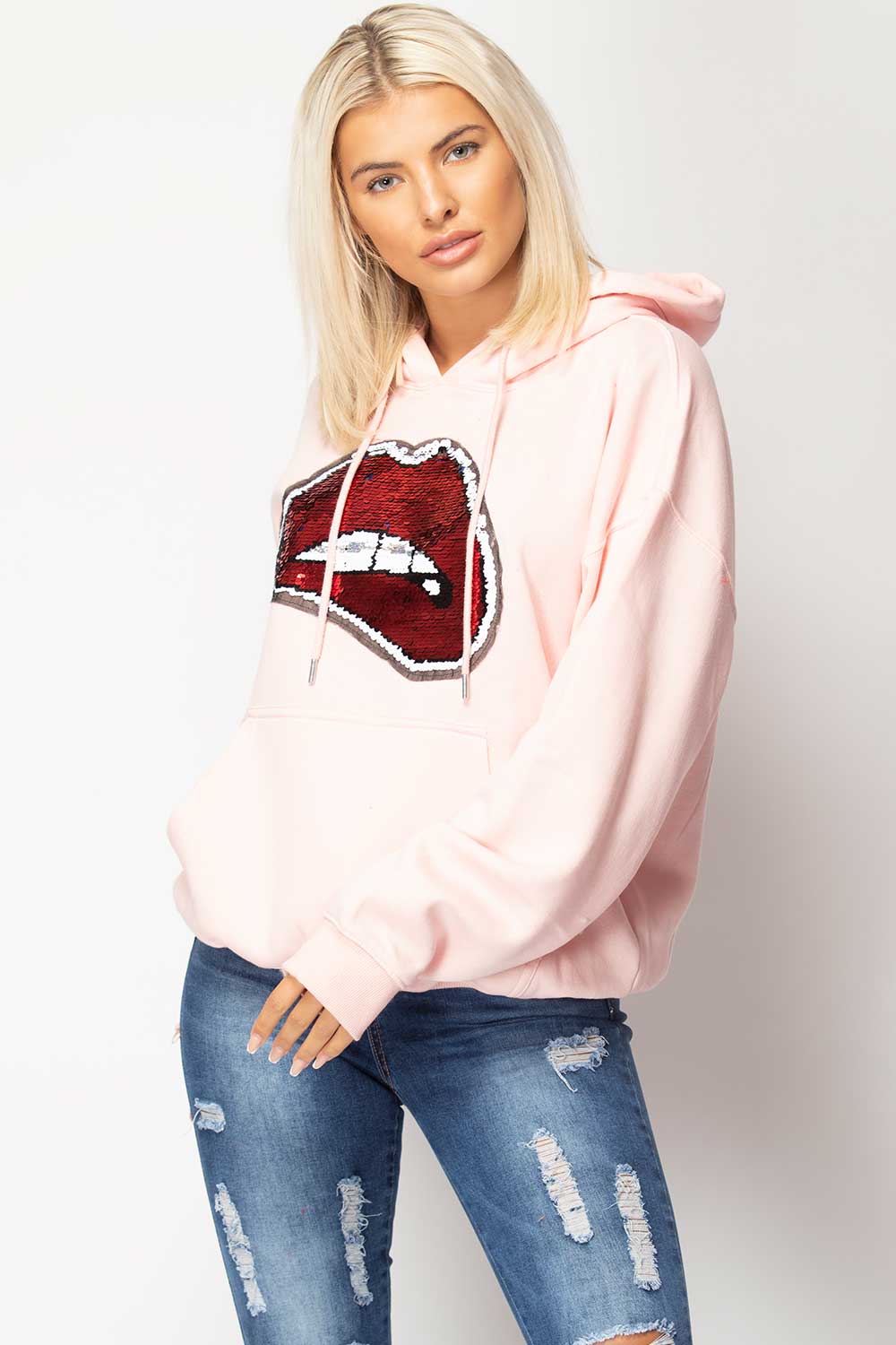 pink oversized hoodie with sequin lips