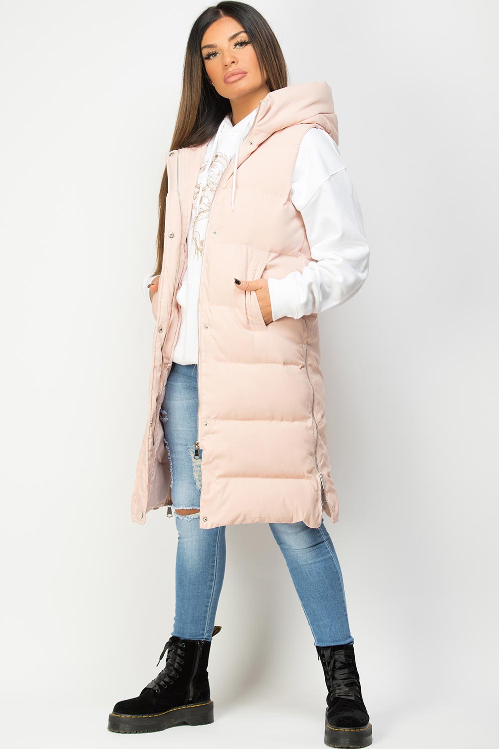 pink padded longline gilet uk