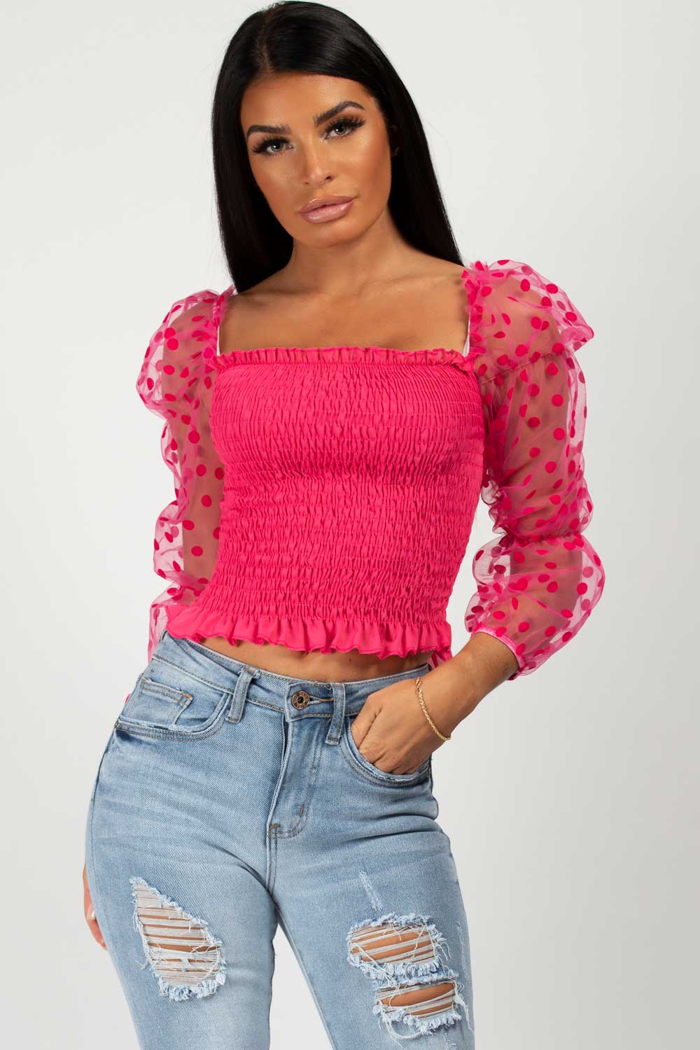 polkadot sleeve crop top pink