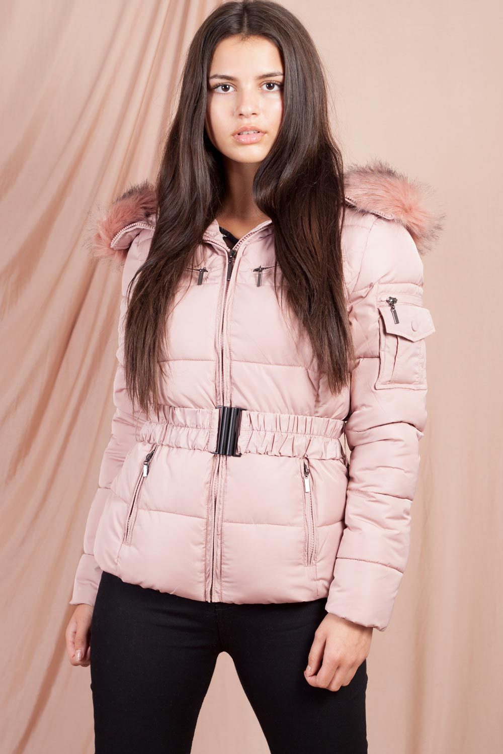 puffer jacket with fur hood pink