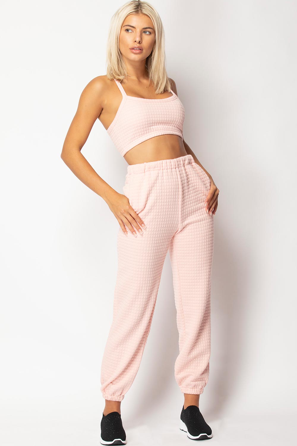 pink quilted joggers and top set