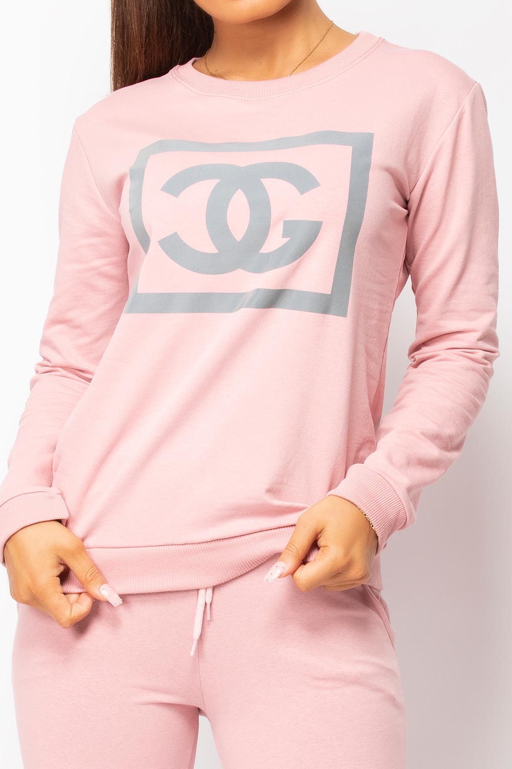 pink reflective slogan tracksuit womens