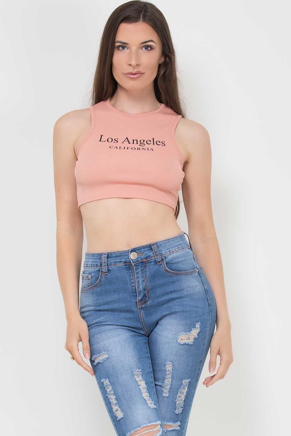 ribbed racerback vest with los angeles california slogan pink
