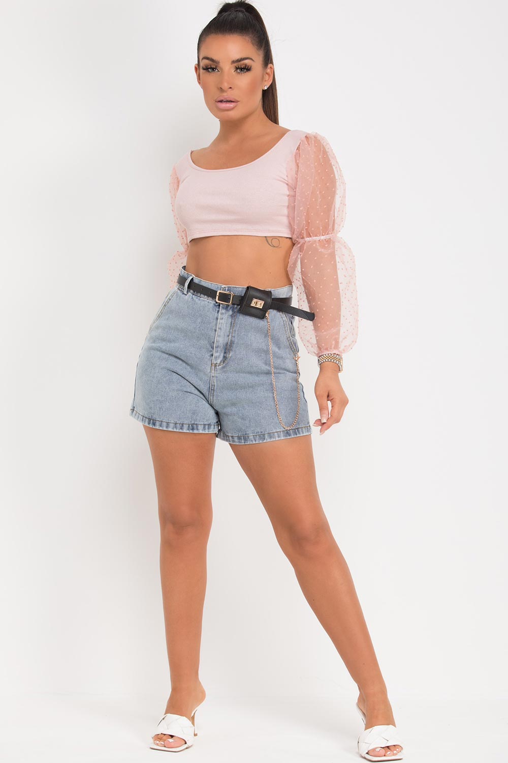 pink polka dot mesh sleeve crop top