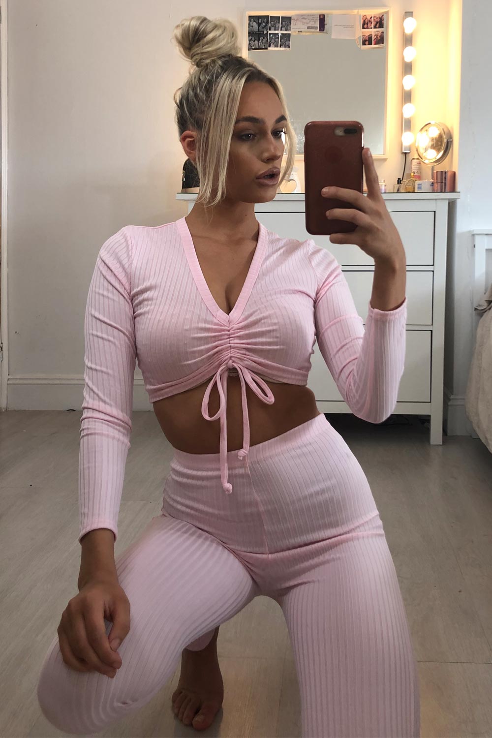 pink cropped lounge set