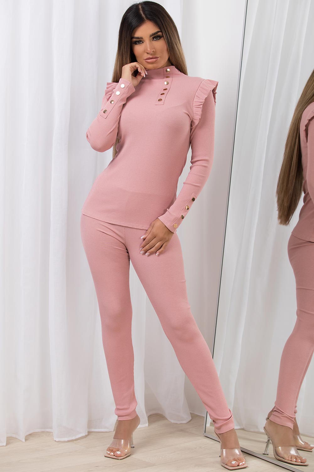 gold button frill shoulder ribbed lounge set co ord