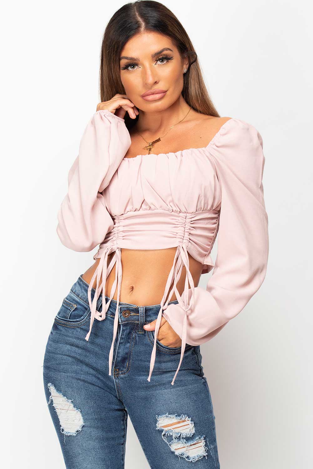 pink ruched tie front top