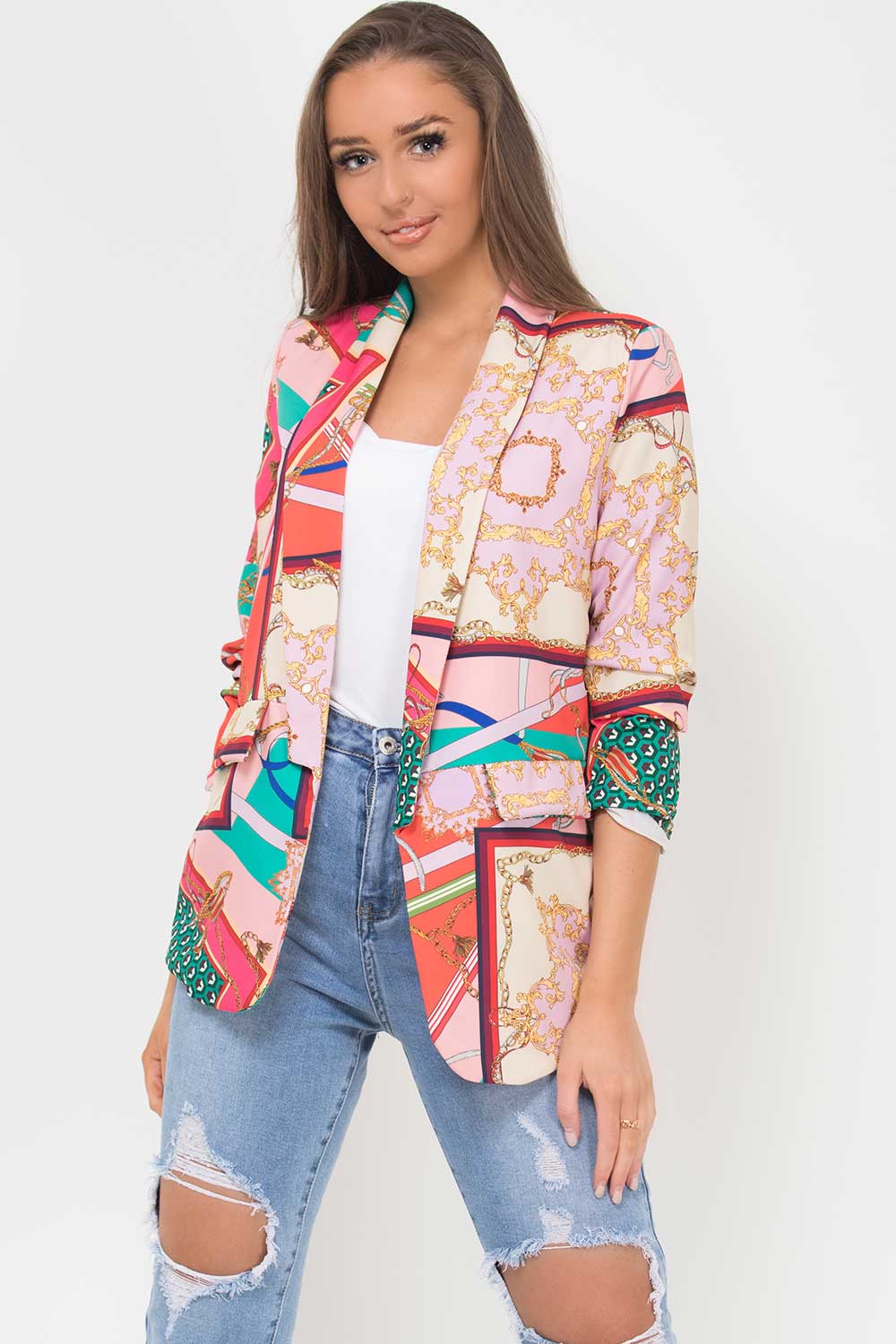 ruched sleeve scarf print blazer