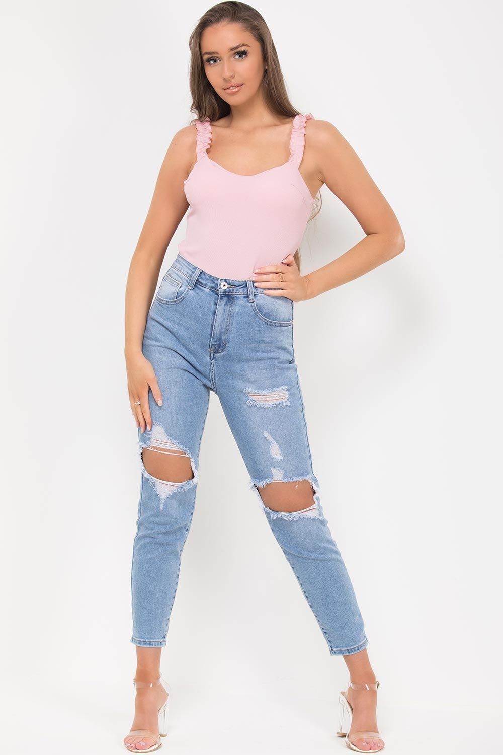 ribbed bodysuit with ruffle gathered straps