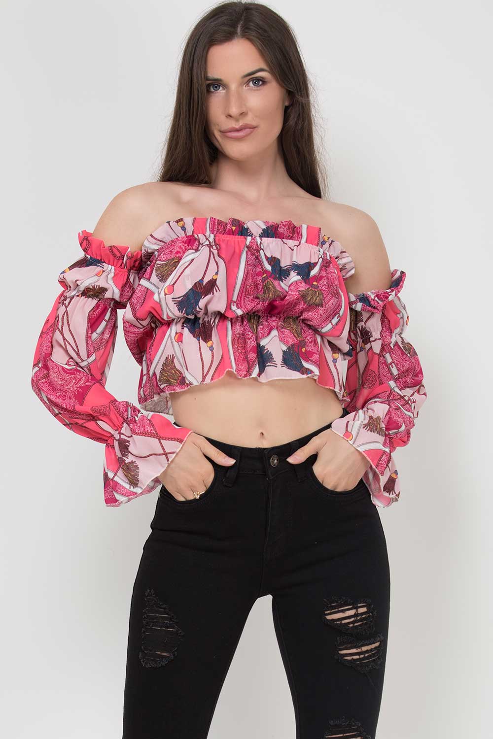 pink bardot scarf print crop top