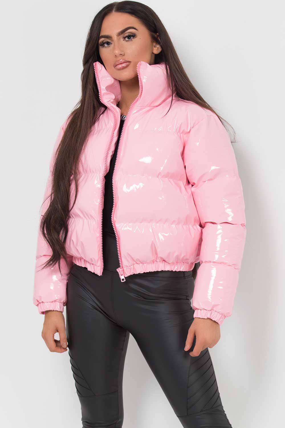 crop puffer padded shiny jacket pink