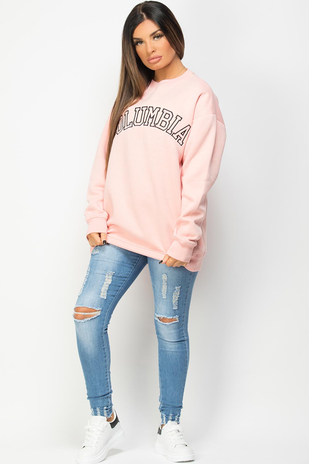 pink oversized sweatshirt with columbia embroidery