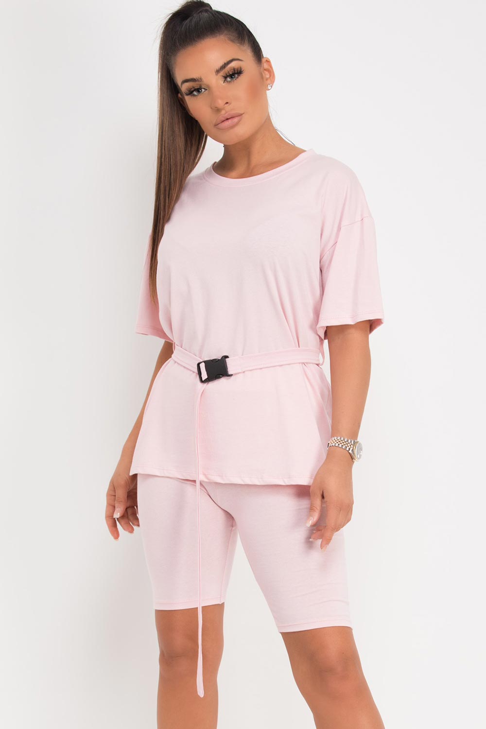 utility belt oversized top and cycling shorts set pink