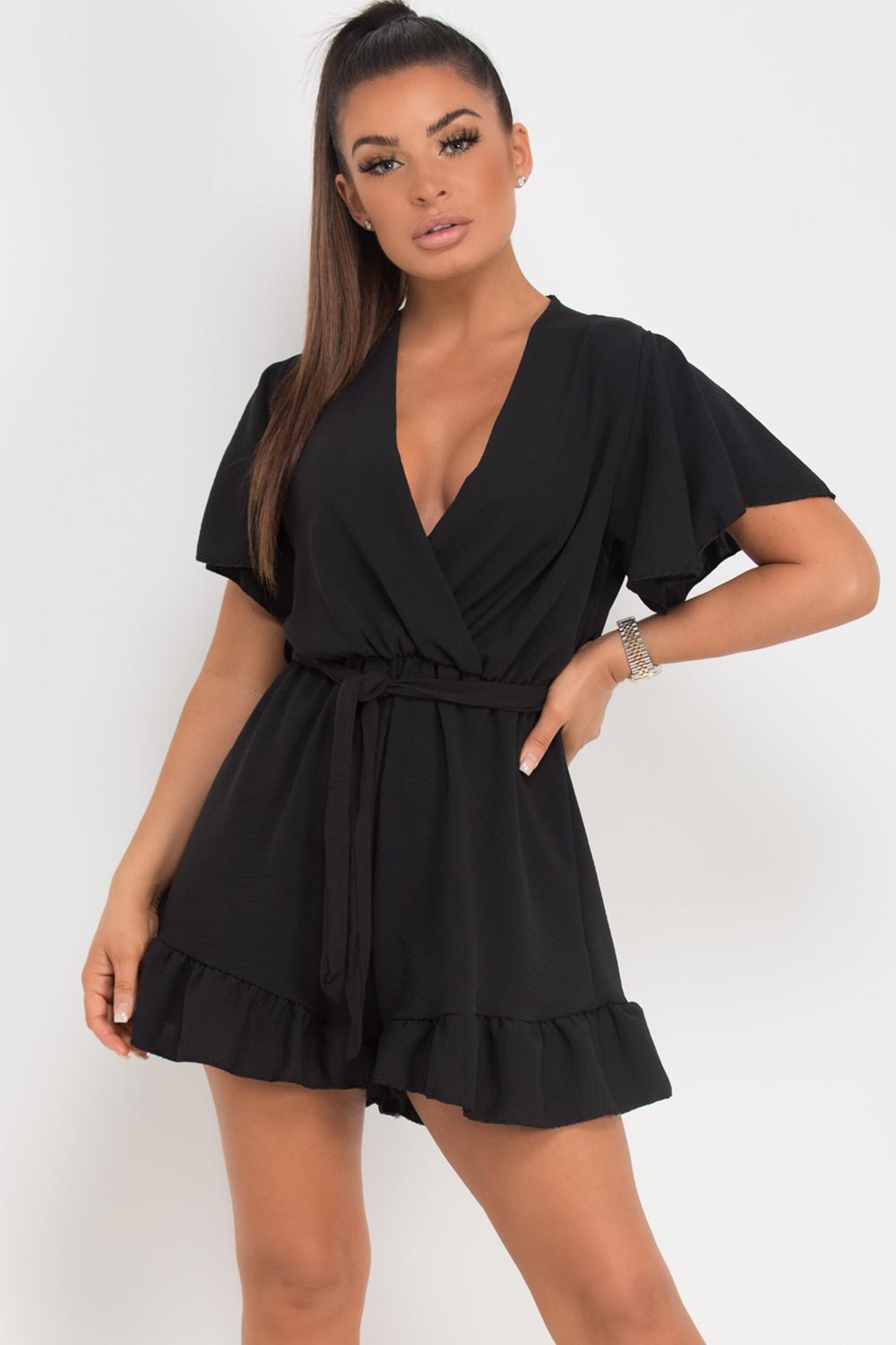 frill hem tie waist playsuit black