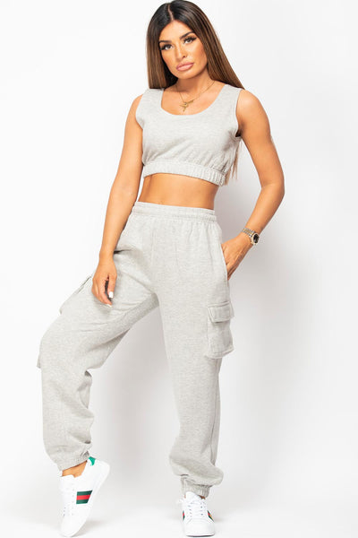 Womens Grey Joggers With Utility Pockets And Top Lounge Set –