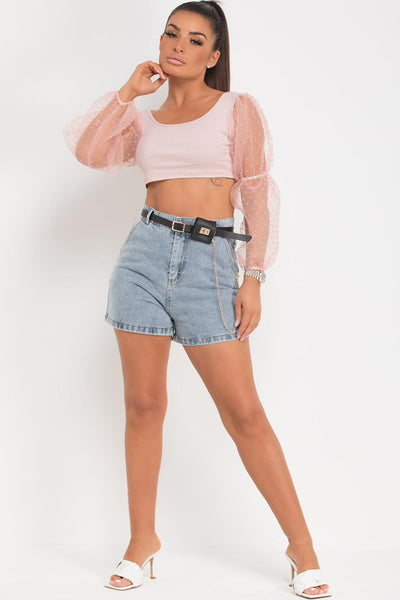 Shirred Organza Polka Dot Mesh Long Sleeve Crop Top Pink