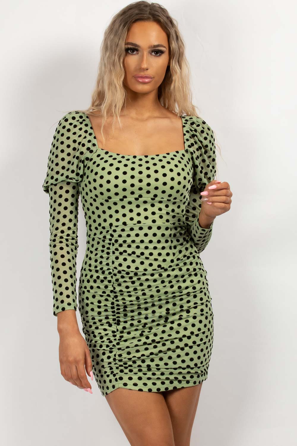 polka dot bodycon dress green