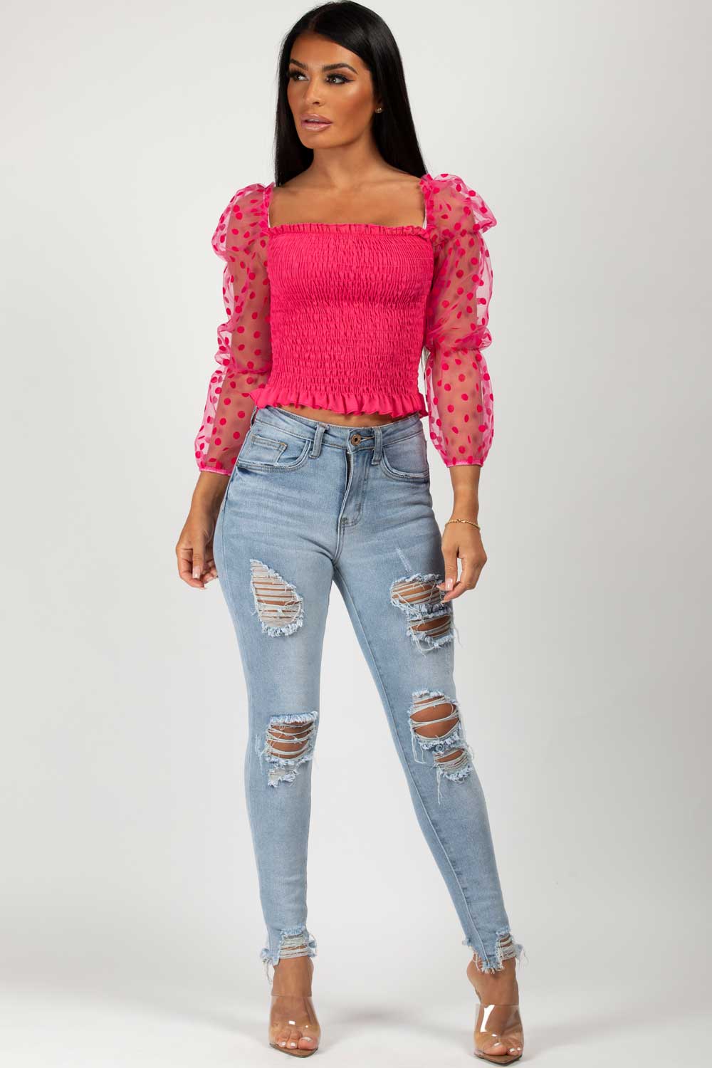 pink polkadot sleeve shirred crop top