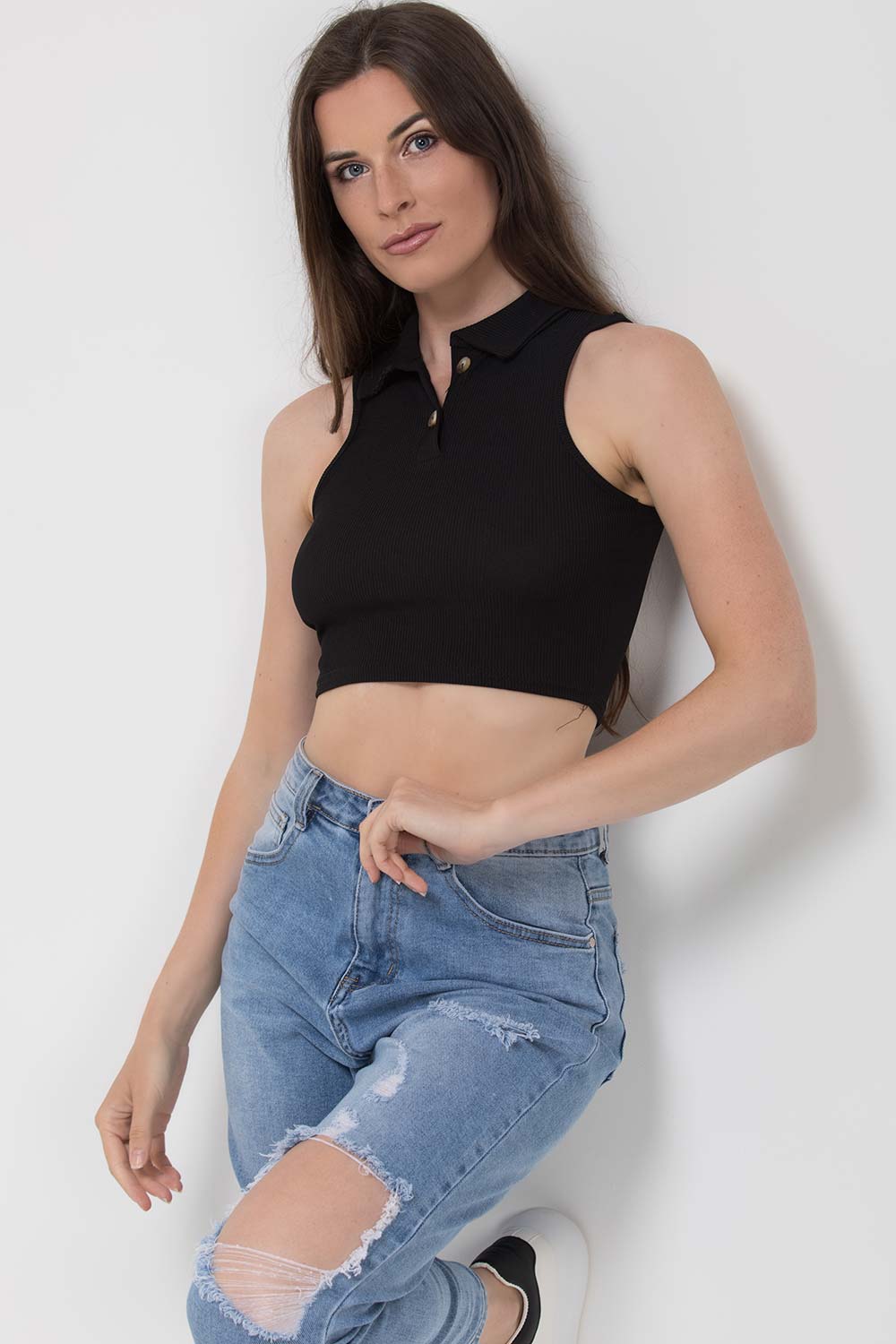 ribbed polo collar crop top black