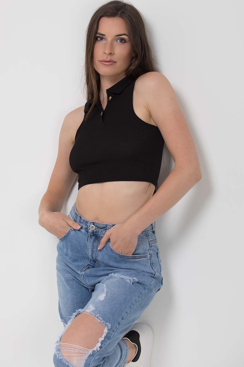 black ribbed polo collar crop top