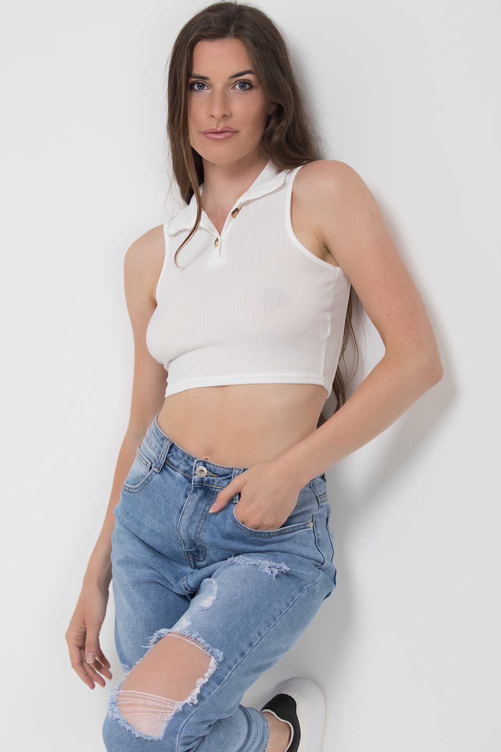 rib collar crop top white