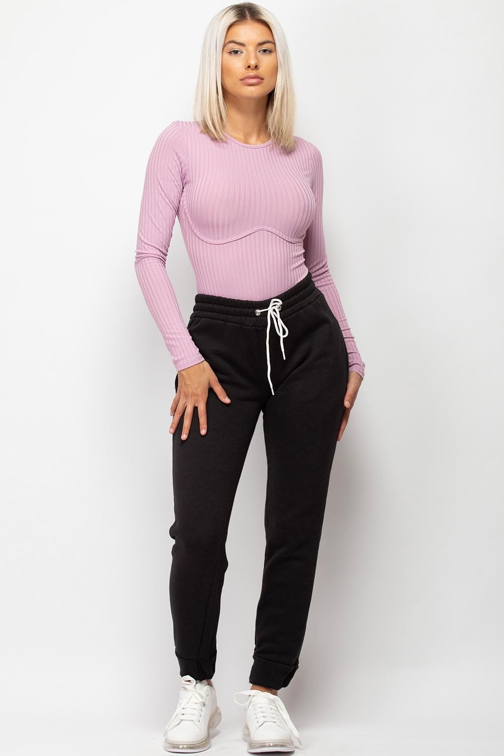 Purple Ribbed Bodysuit With Under Bust Detail