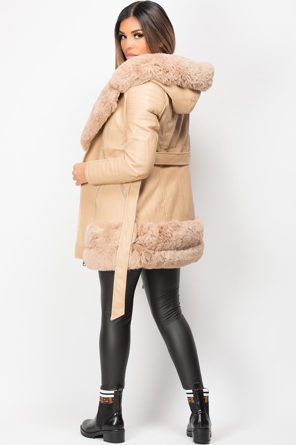 beige faux fur faux leather belted jacket womens