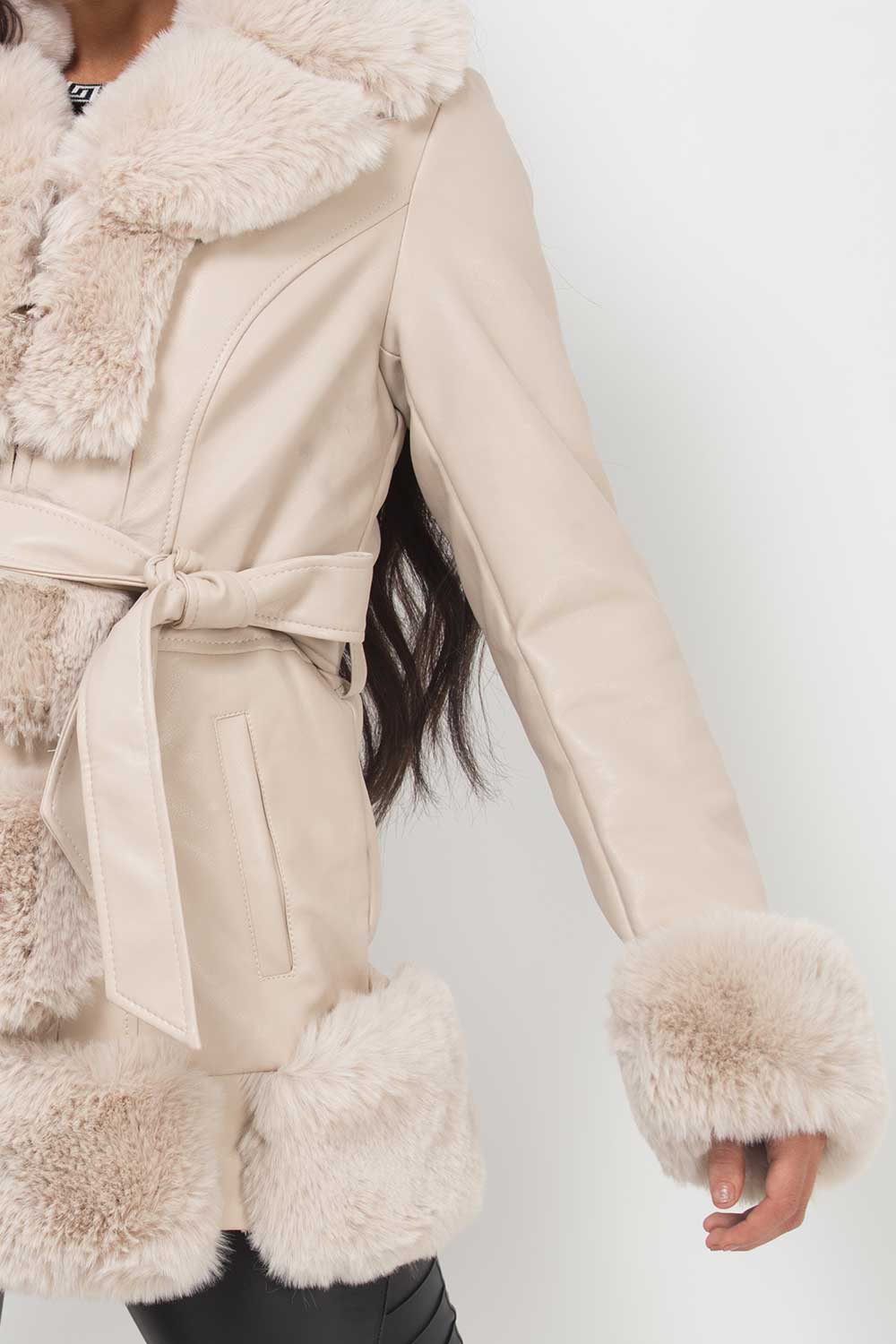 faux fur faux leather coat with belt beige