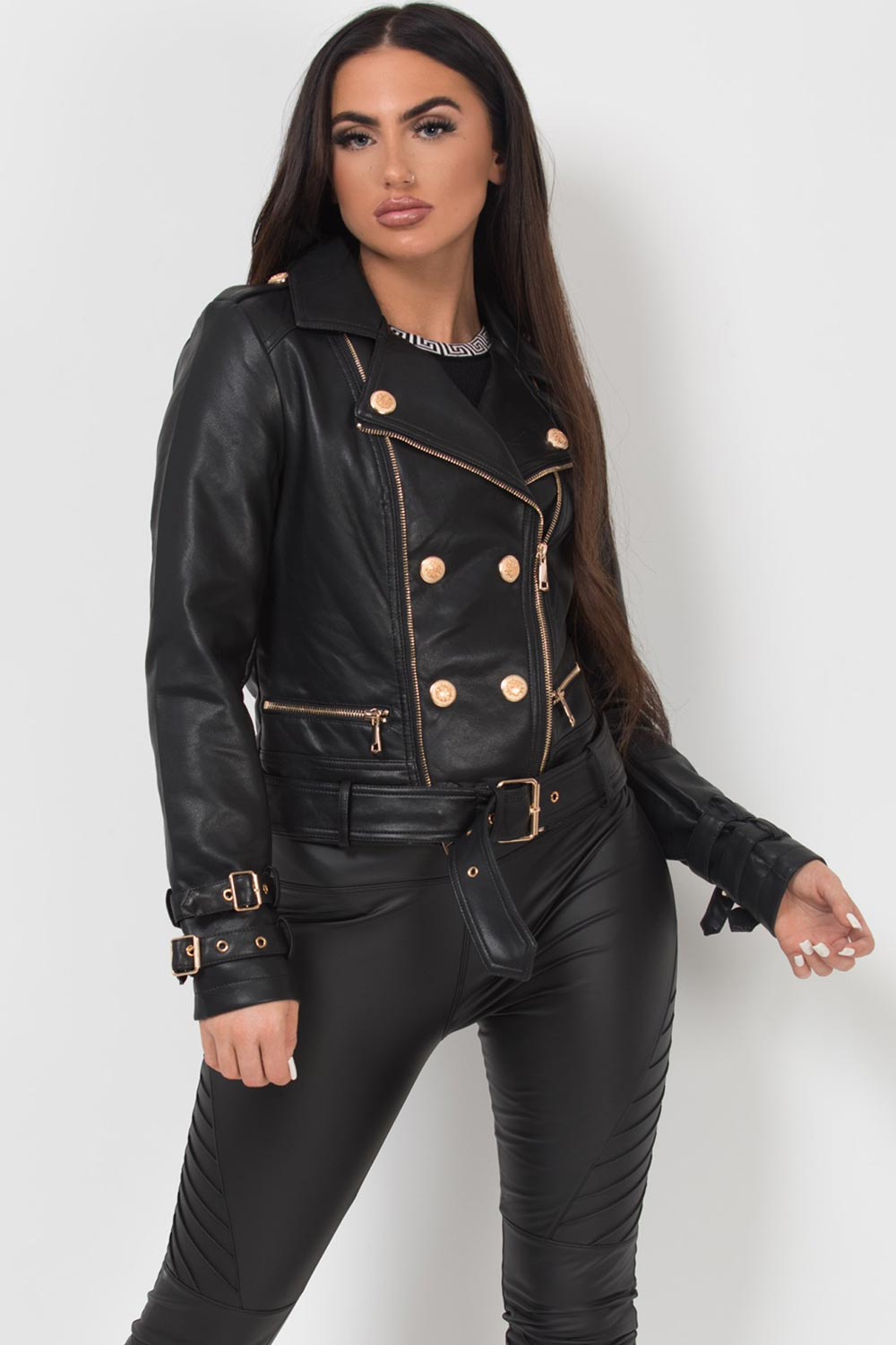 pu faux leather biker jacket with gold buttons womens
