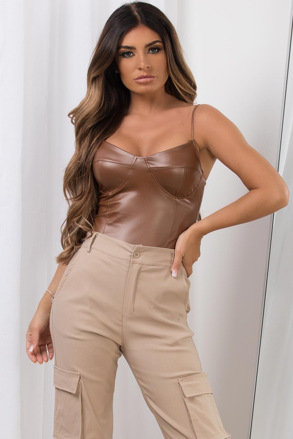 faux leather cupped bodysuit brown