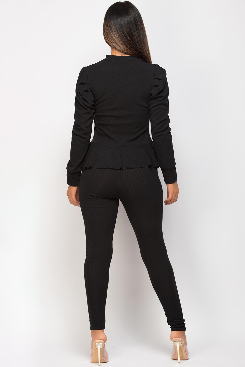 ribbed peplum loungewear set black