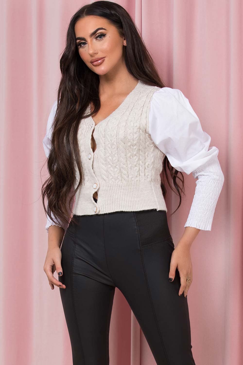 knitted jumper top with puff sleeves beige